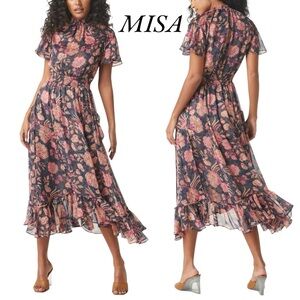 NWT MISA Azura in Flora Dot Chiffon Smocked Waist Midi Dress Size Size XS